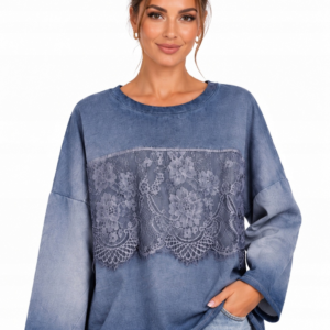 BLUZKA DAMSKA OVERSIZE JEANSOWY EFEKT Z KORONKĄ 95% BAWEŁNA UNI ROZMIAR