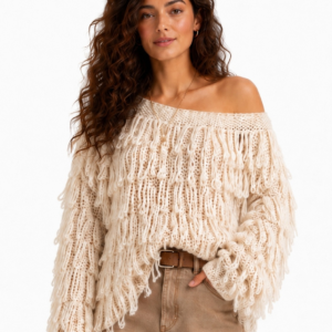 SWETER DAMSKI| OVERSIZE| BEŻ| Z FRĘDZLAMI| DEKOLT ŁÓDECZKA| UNI ROZMIAR