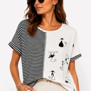 T-SHIRT DAMSKI W PASKI Z MOTYWEM UROCZYCH KOTKÓW 65% BAWEŁNY ROZMIAR 40