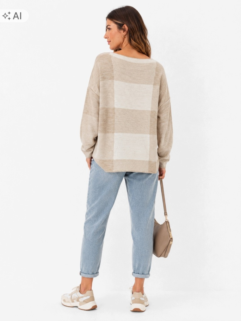SWETER DAMSKI BEŻ| KREM OVERSIZE MIĘKKI MODNA KRATA UNI ROZMIAR - obrazek 2