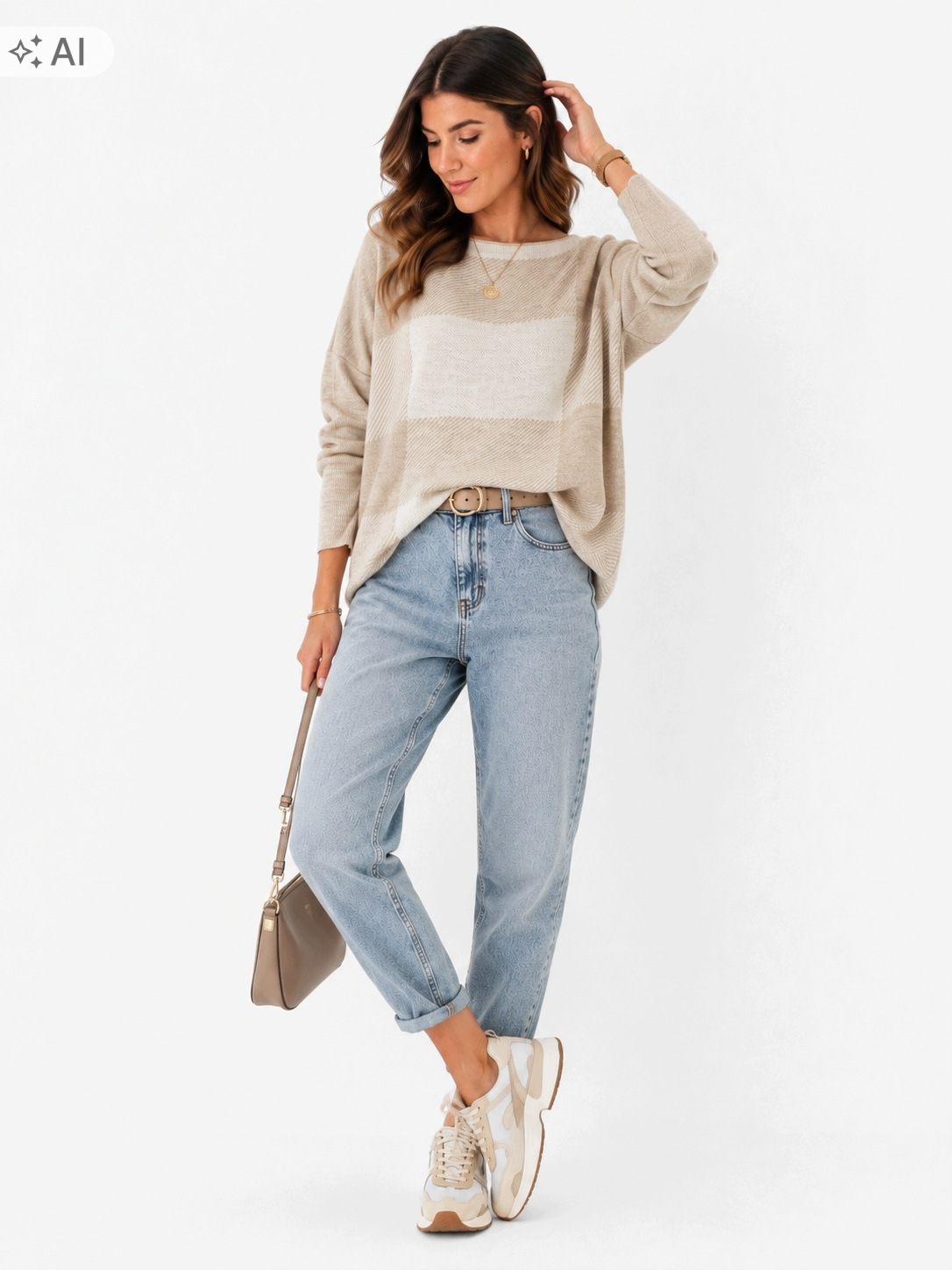 SWETER DAMSKI BEŻ| KREM OVERSIZE MIĘKKI MODNA KRATA UNI ROZMIAR - obrazek 3