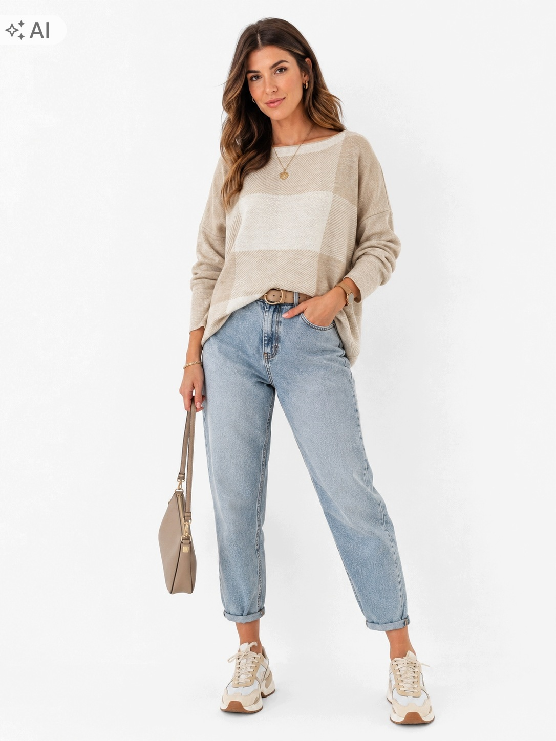 SWETER DAMSKI BEŻ| KREM OVERSIZE MIĘKKI MODNA KRATA UNI ROZMIAR - obrazek 4