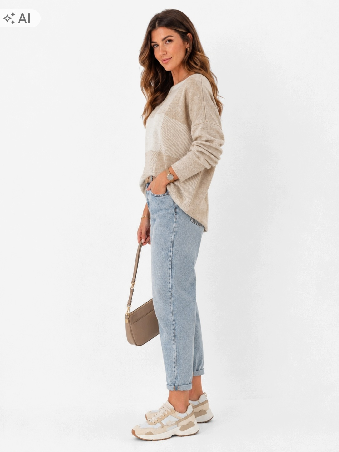 SWETER DAMSKI BEŻ| KREM OVERSIZE MIĘKKI MODNA KRATA UNI ROZMIAR - obrazek 5