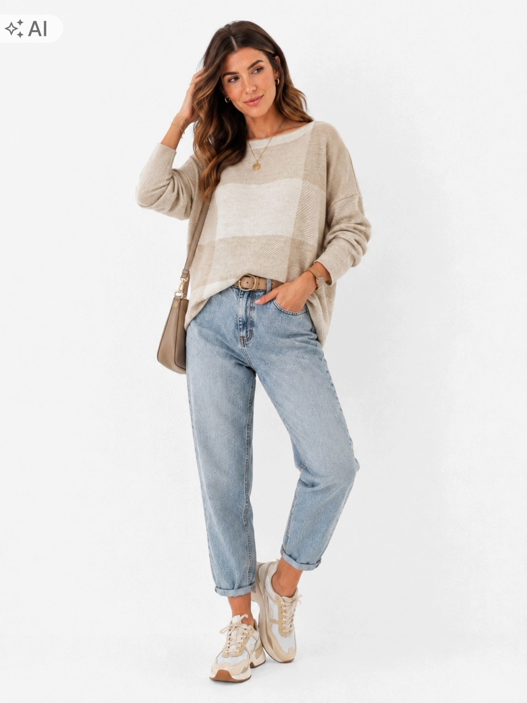SWETER DAMSKI BEŻ| KREM OVERSIZE MIĘKKI MODNA KRATA UNI ROZMIAR - obrazek 6