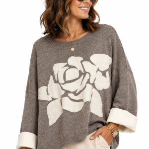 SWETER DAMSKI| Z APLIKACJĄ KWIATOWĄ |KRÓJ PUDEŁKO|SZARY | ECRU WISKOZA L/XL