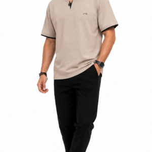 T-SHIRT MĘSKI BEŻ CZARNE WSTAWKI V 93% BAWEŁNA ROZMIAR XXL
