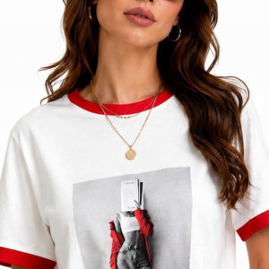 T-SHIRT DAMSKI BIAŁY Z APLIKACJĄ CZERWONE WSTAWKI UNIWERSALNY ROZMIAR