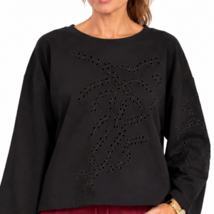 CZARNA BLUZA DAMSKA OVERSIZE Z AŻUROWYM WZOREM 65% BAWEŁNY UNI ROZMIAR
